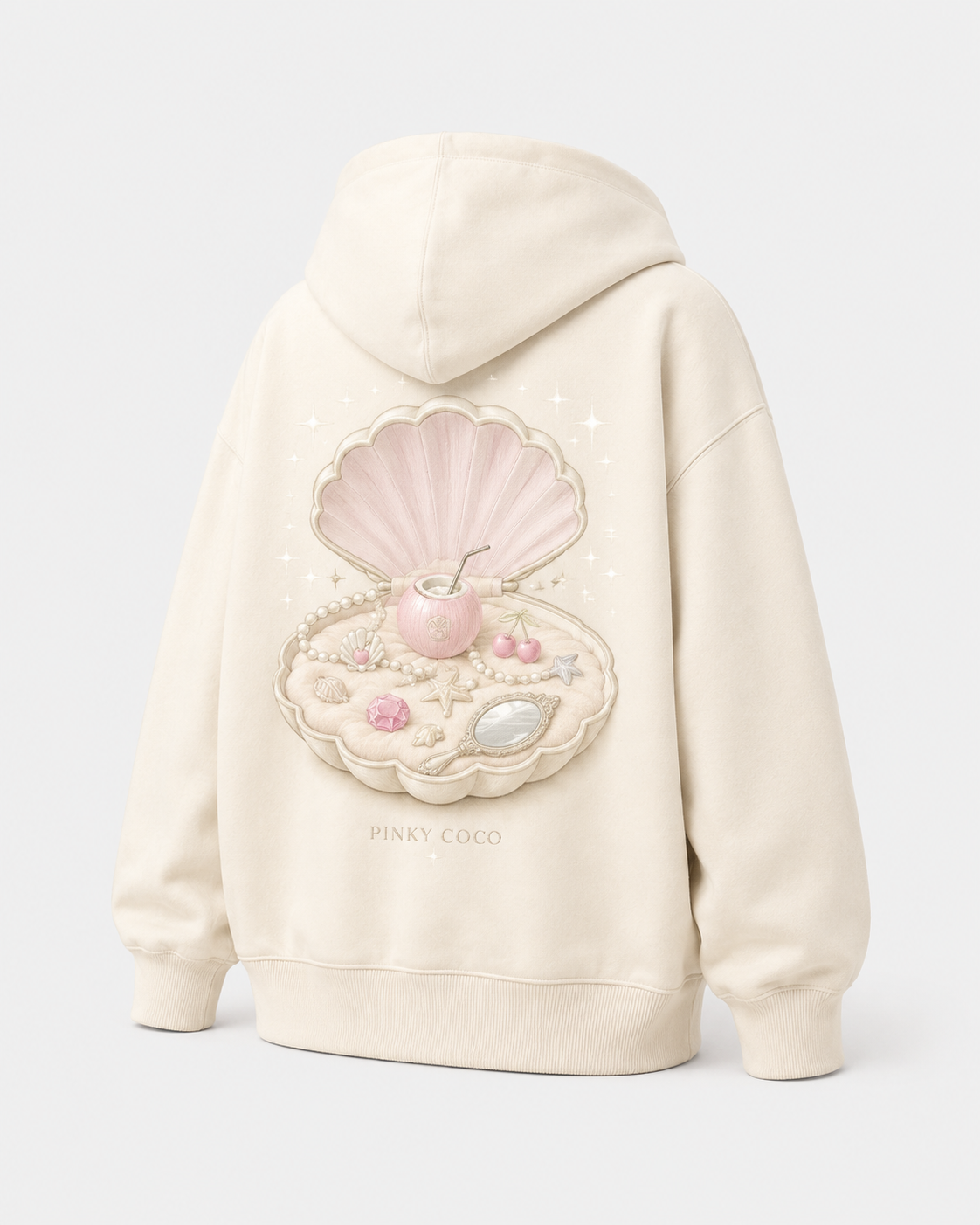 Three-quarter view of the PinkyCoco Seashell Jewellery Box women's hoodie