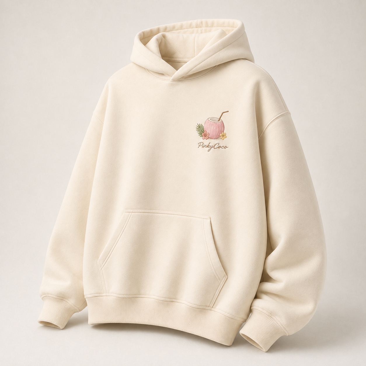 Three-quarter view of the PinkyCoco Signature Coconut Farm women's hoodie