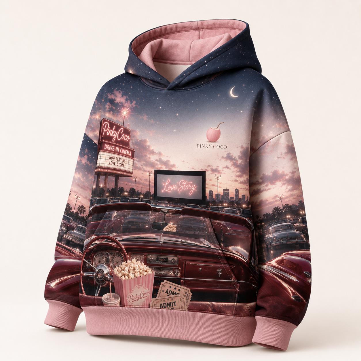 Three-quarter view of the PinkyCoco Starlet Drive In women's hoodie