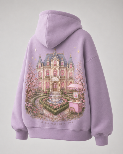 Three-quarter view of the PinkyCoco Strawberry Chateau women's hoodie