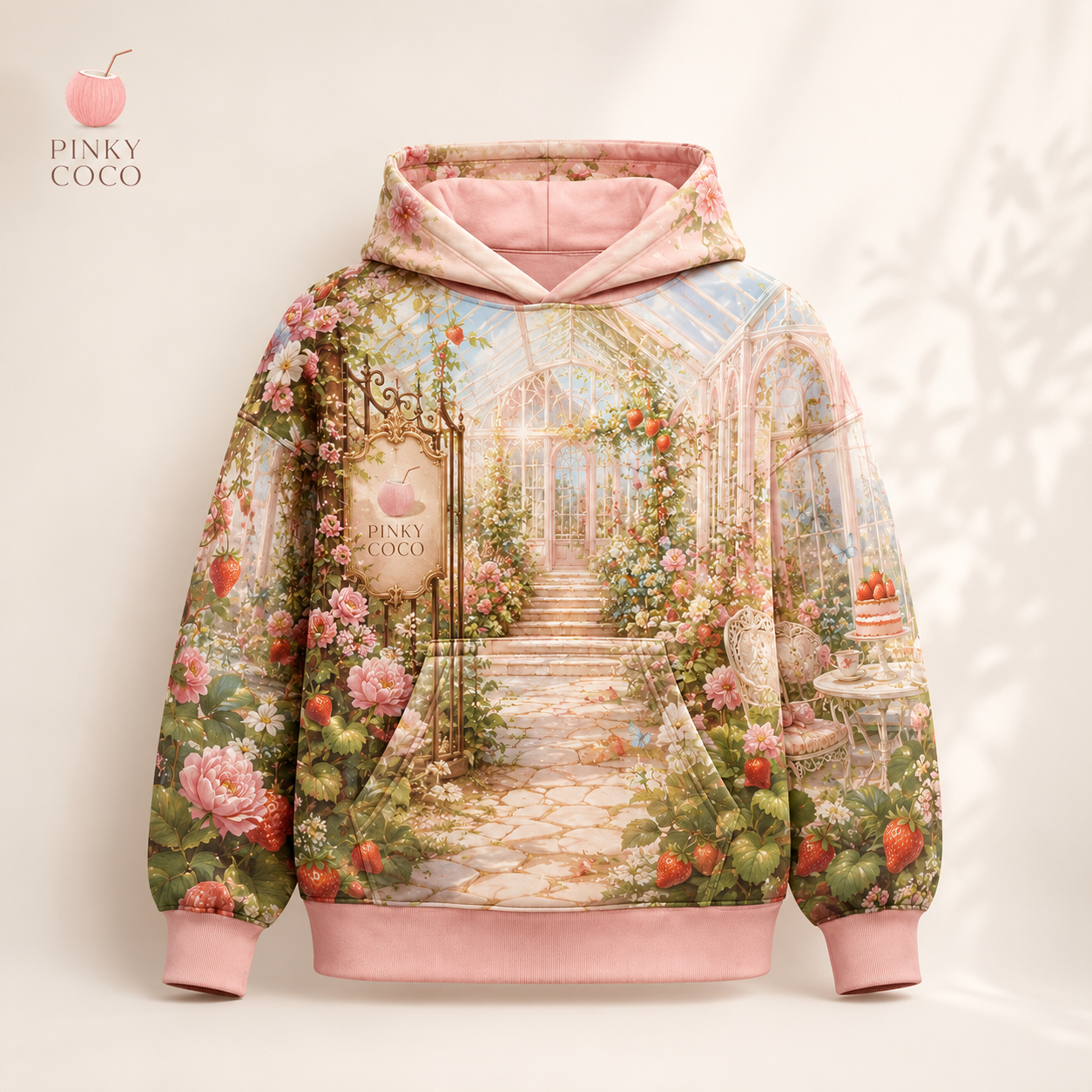 Three-quarter view of the PinkyCoco Strawberry Glasshouse women's hoodie