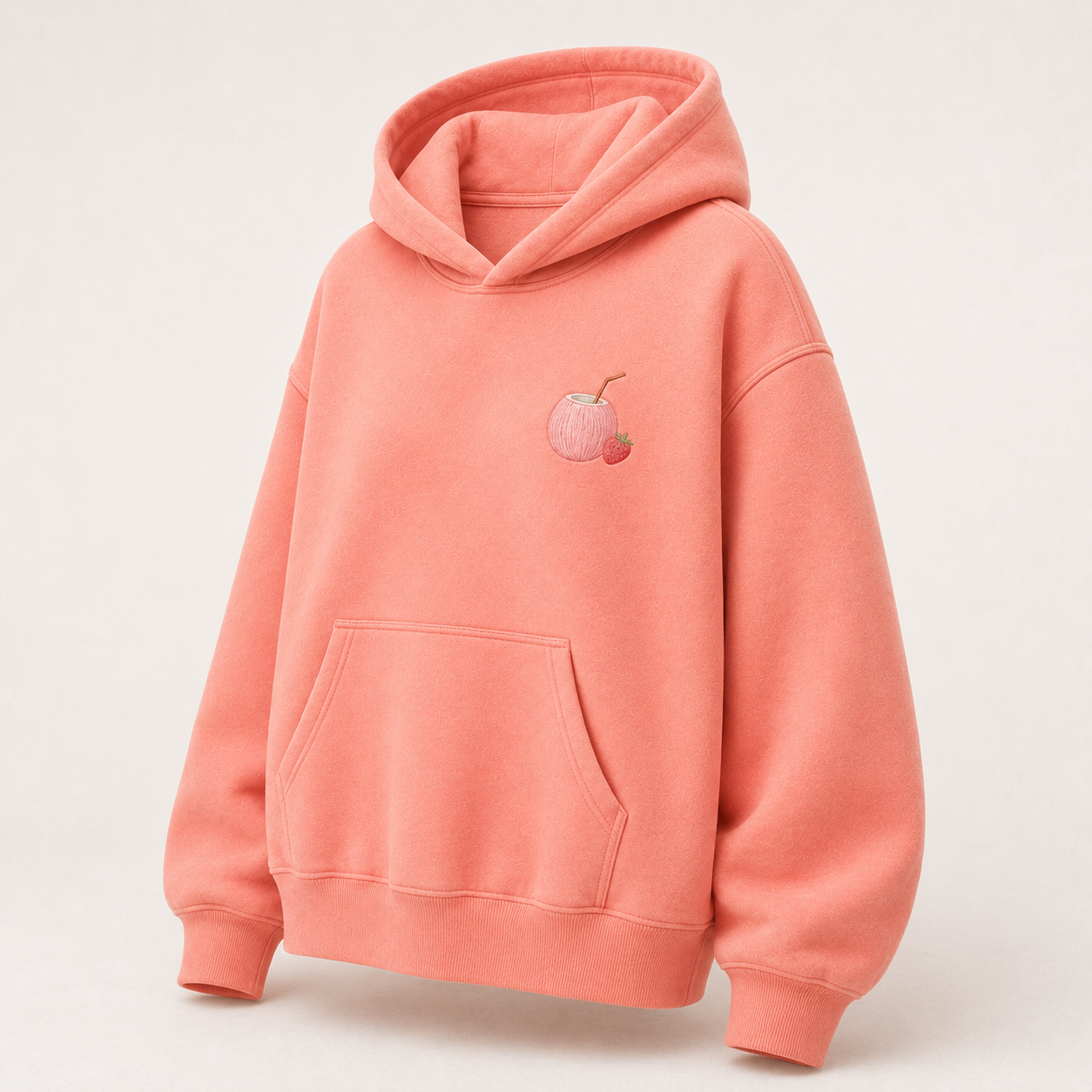 Three-quarter view of the PinkyCoco Strawberry Rainbow Coast women's hoodie