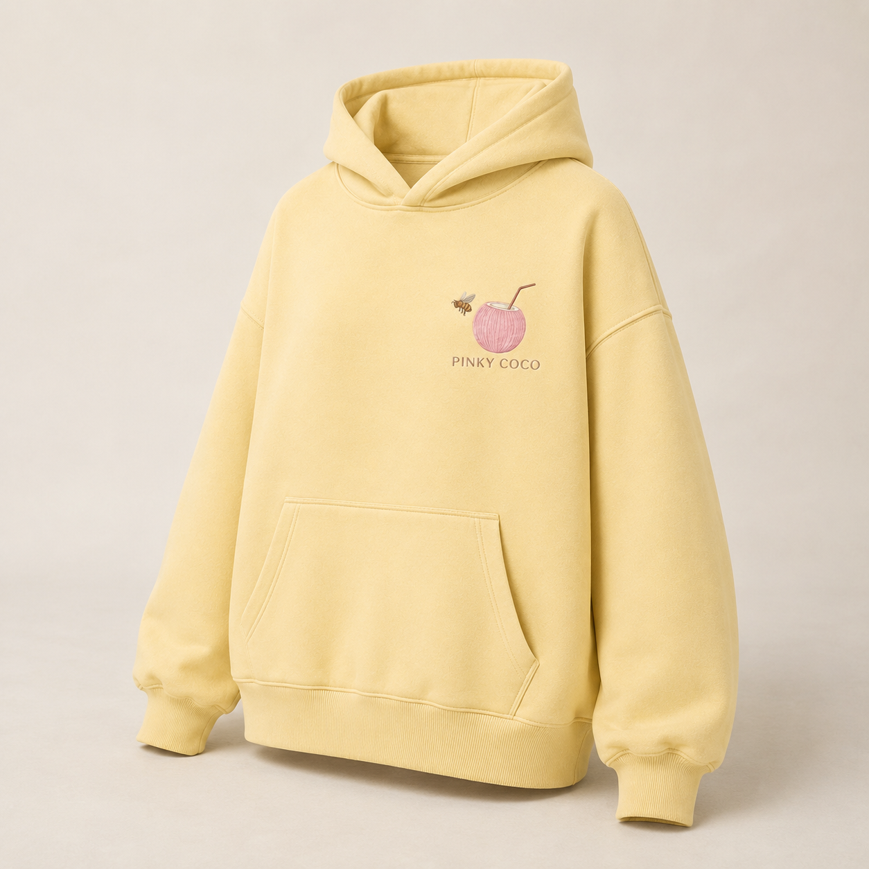 Three-quarter view of the PinkyCoco Sunflower Good Vibes Morning women's hoodie