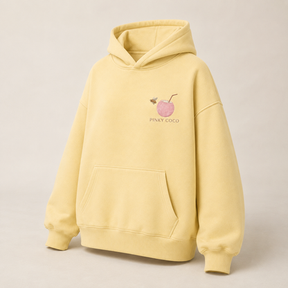 Three-quarter view of the PinkyCoco Sunflower Good Vibes Morning women's hoodie