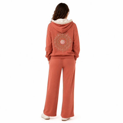 Three-quarter view of the PinkyCoco Terracotta Mandala Dream matching fleece set