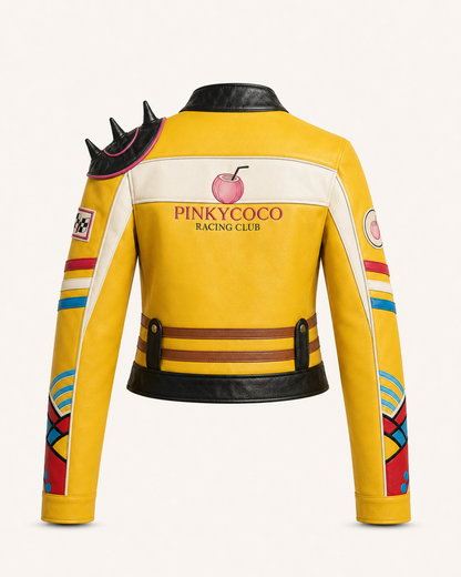 Model wearing the PinkyCoco Yellow Pop Spiked women's racing jacket, three-quarter view
