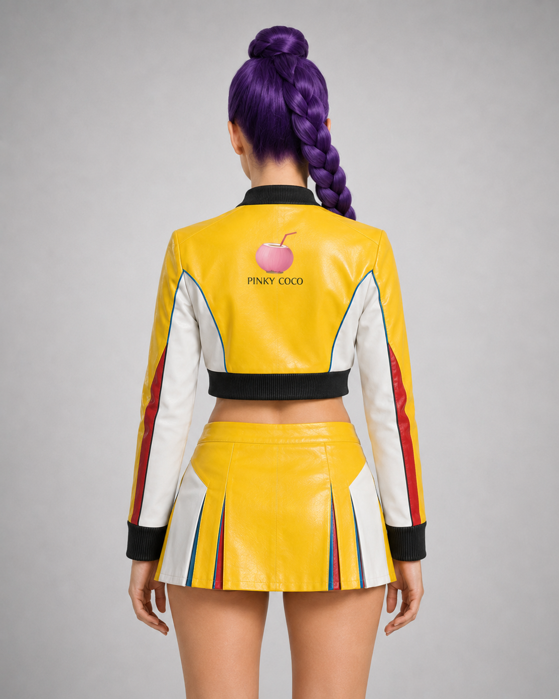 Three-quarter model view of the PinkyCoco Yellow Pop women's sheepskin leather racing jacket and skirt set