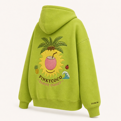 PinkyCoco Acid Palm Smiley women's graphic fleece hoodie product back view with tropical artwork