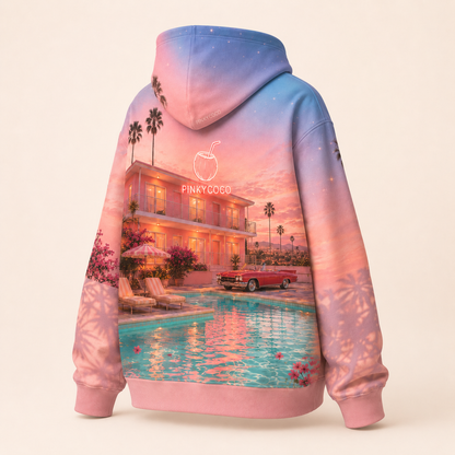 Back view of the PinkyCoco Afterglow Motel oversized fleece hoodie