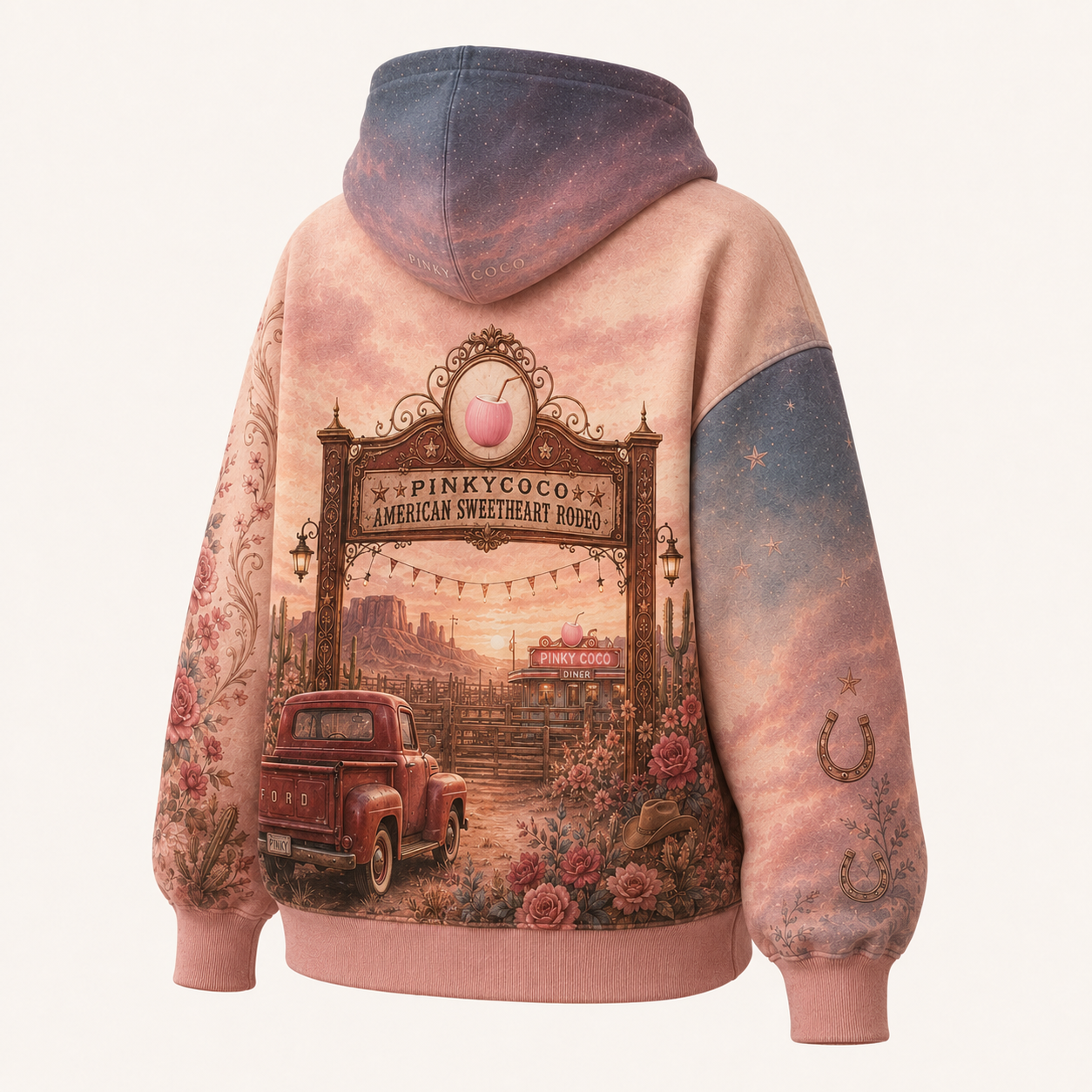 Back view of the PinkyCoco American Sweetheart Rodeo oversized fleece hoodie