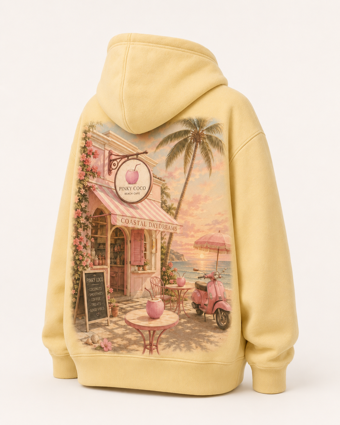 Back view of the PinkyCoco Beach Cafe oversized fleece hoodie
