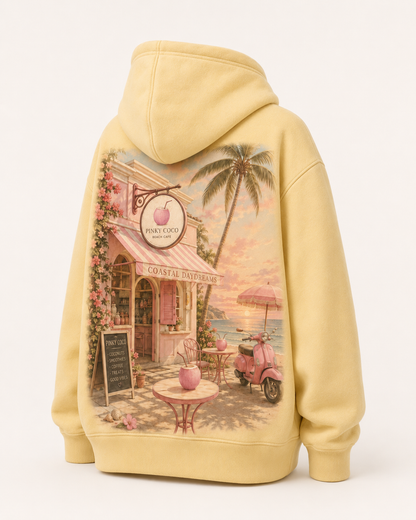 Back view of the PinkyCoco Beach Cafe oversized fleece hoodie