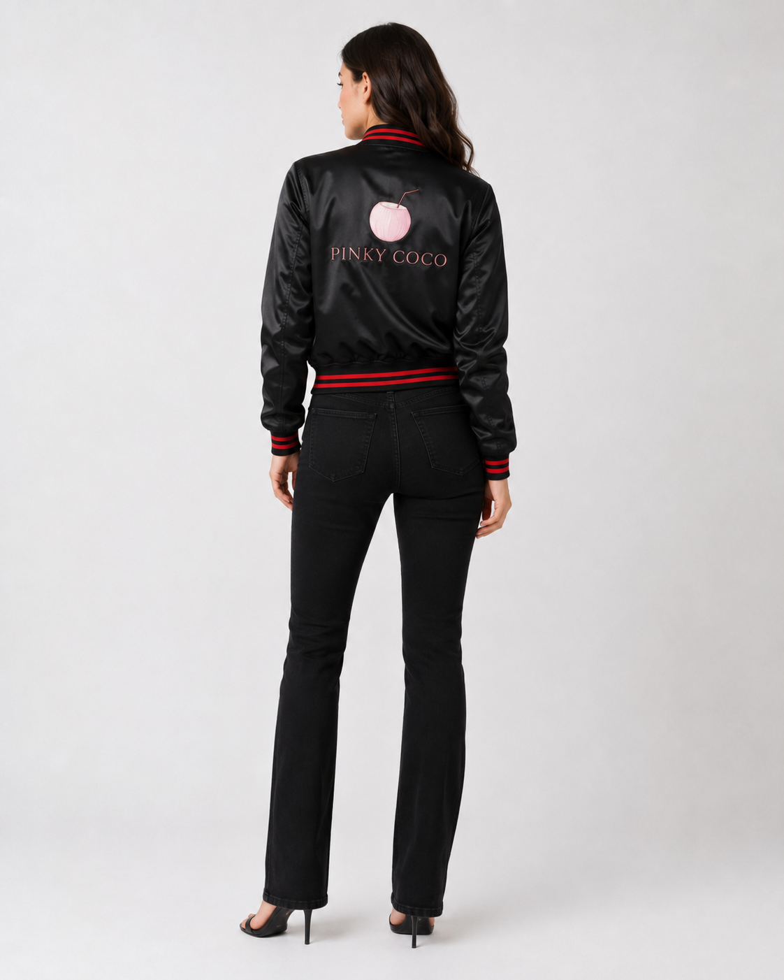 PinkyCoco Black Red Coco Women's Satin Bomber Jacket, back view
