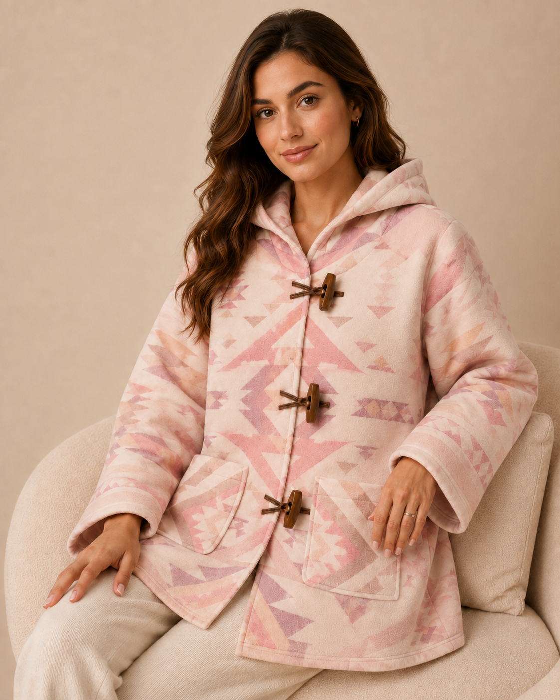 Back product view of the PinkyCoco Blush Desert Geo women's wool blend artistic hooded cape