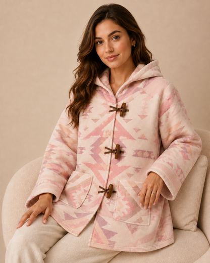 Back product view of the PinkyCoco Blush Desert Geo women's wool blend artistic hooded cape