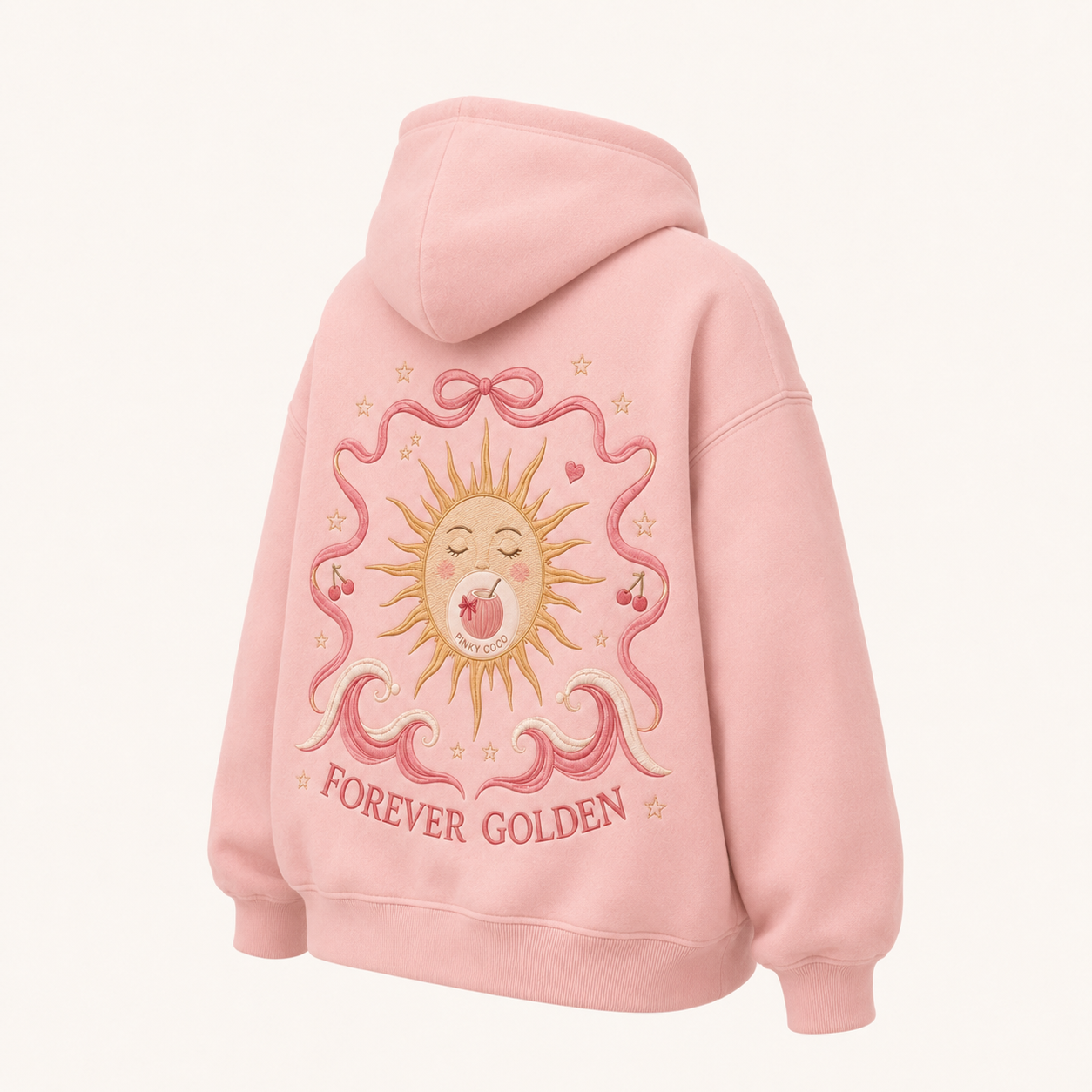 Back view of the PinkyCoco Blush Ribbon Sunset oversized fleece hoodie