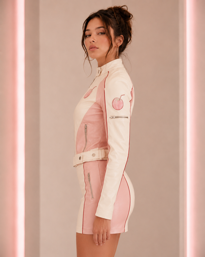 Back product view of the PinkyCoco Blush women's sheepskin leather racing jacket and skirt set