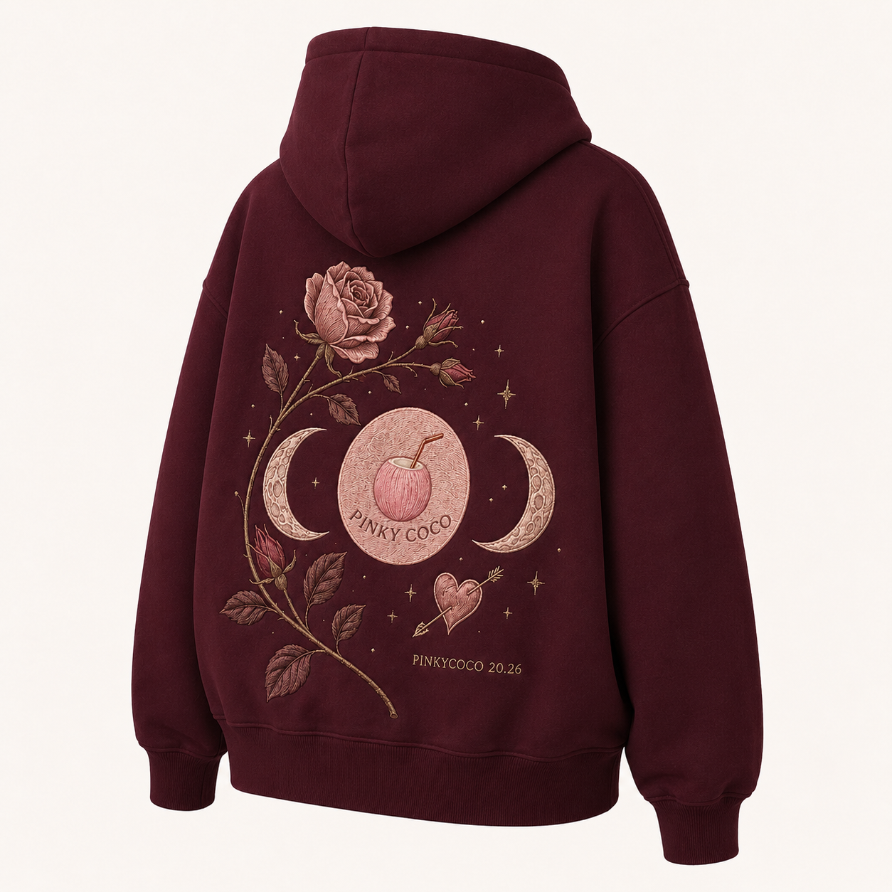 Back view of the PinkyCoco Burgundy Rose Moon oversized fleece hoodie