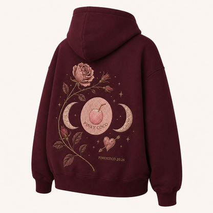Back view of the PinkyCoco Burgundy Rose Moon oversized fleece hoodie