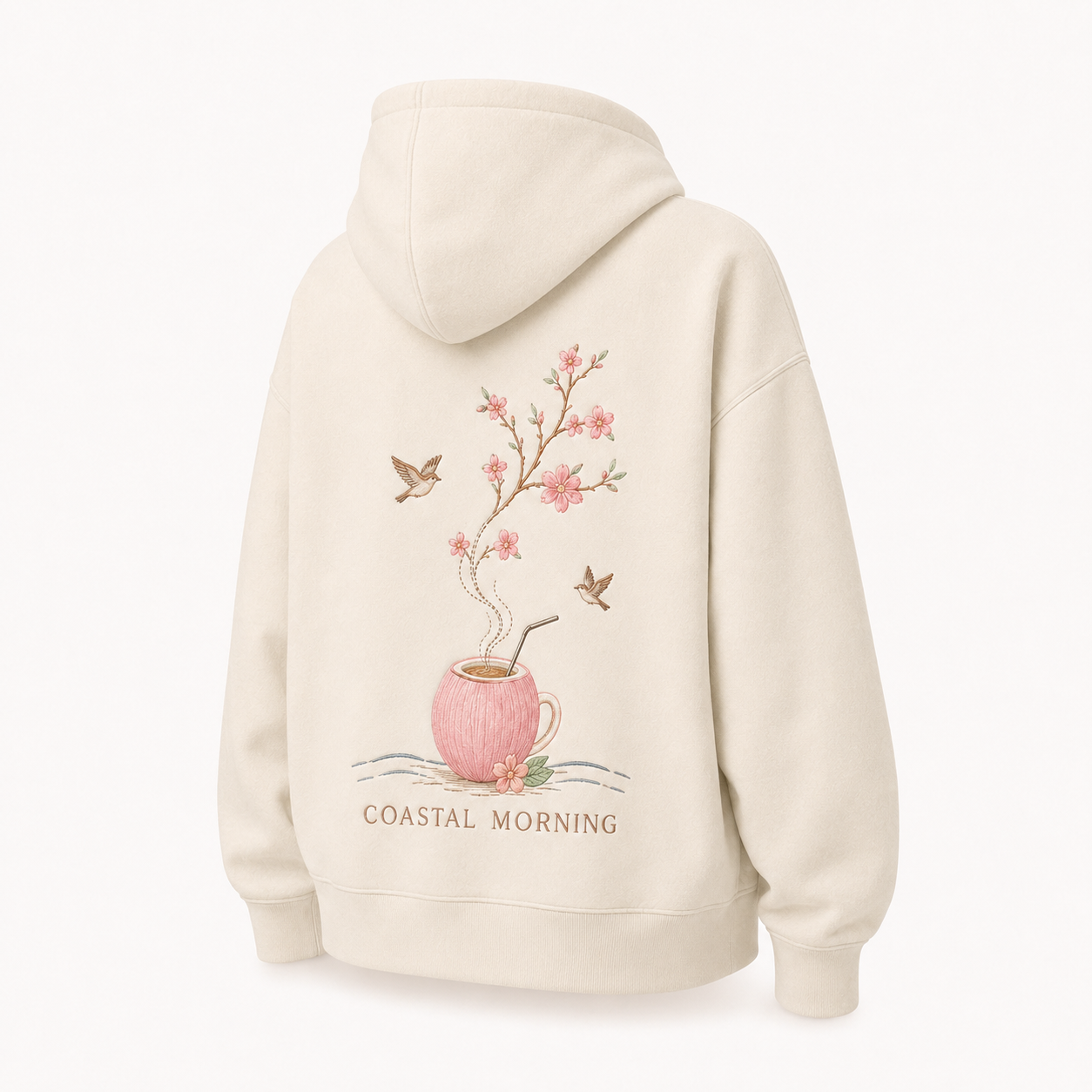 Back view of the PinkyCoco Cherry Blossom Coffee Coast oversized fleece hoodie