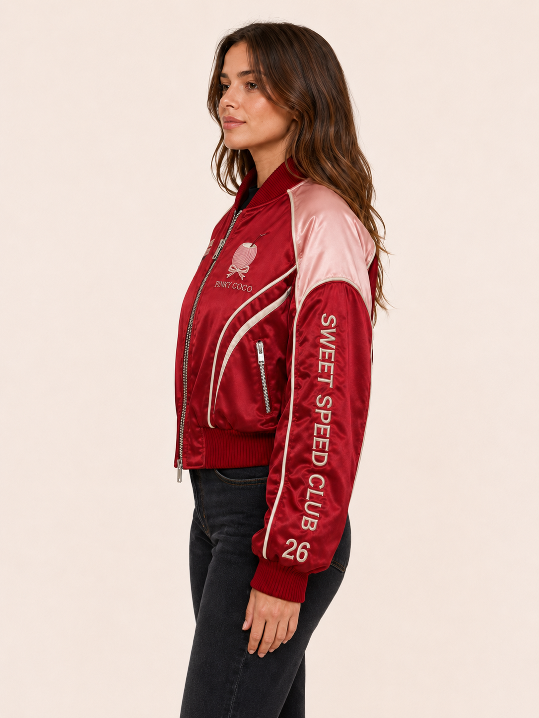 Back view of the PinkyCoco Cherry Circuit women's satin racing jacket