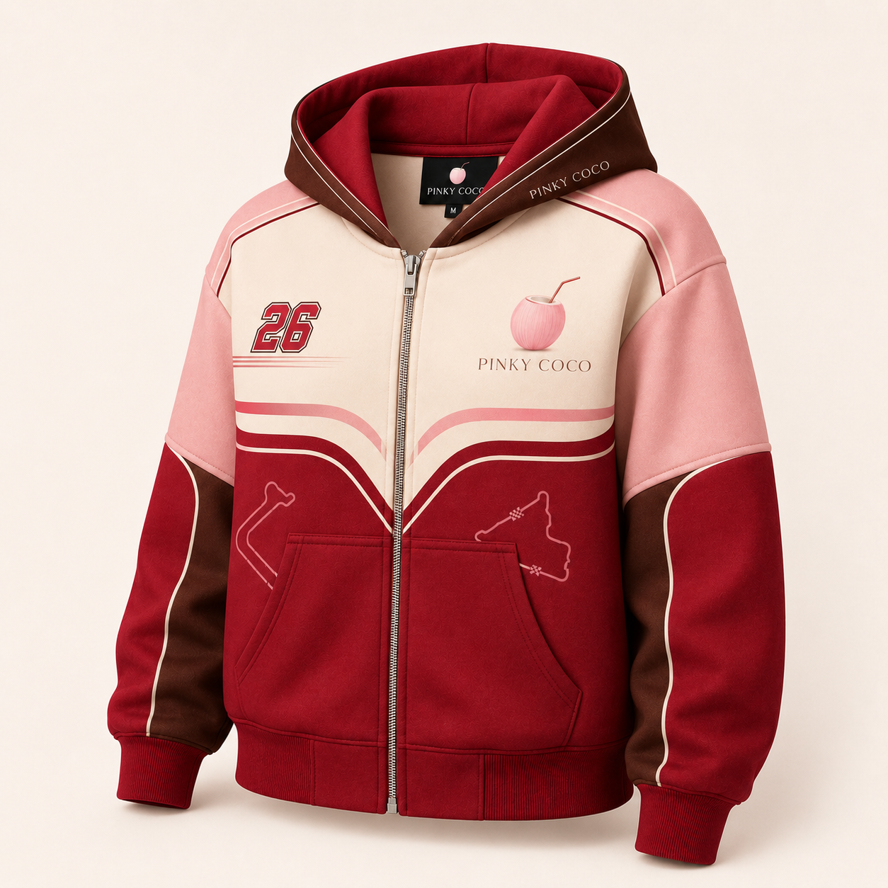 Back view of the PinkyCoco Cherry Grand Prix women's racing hoodie
