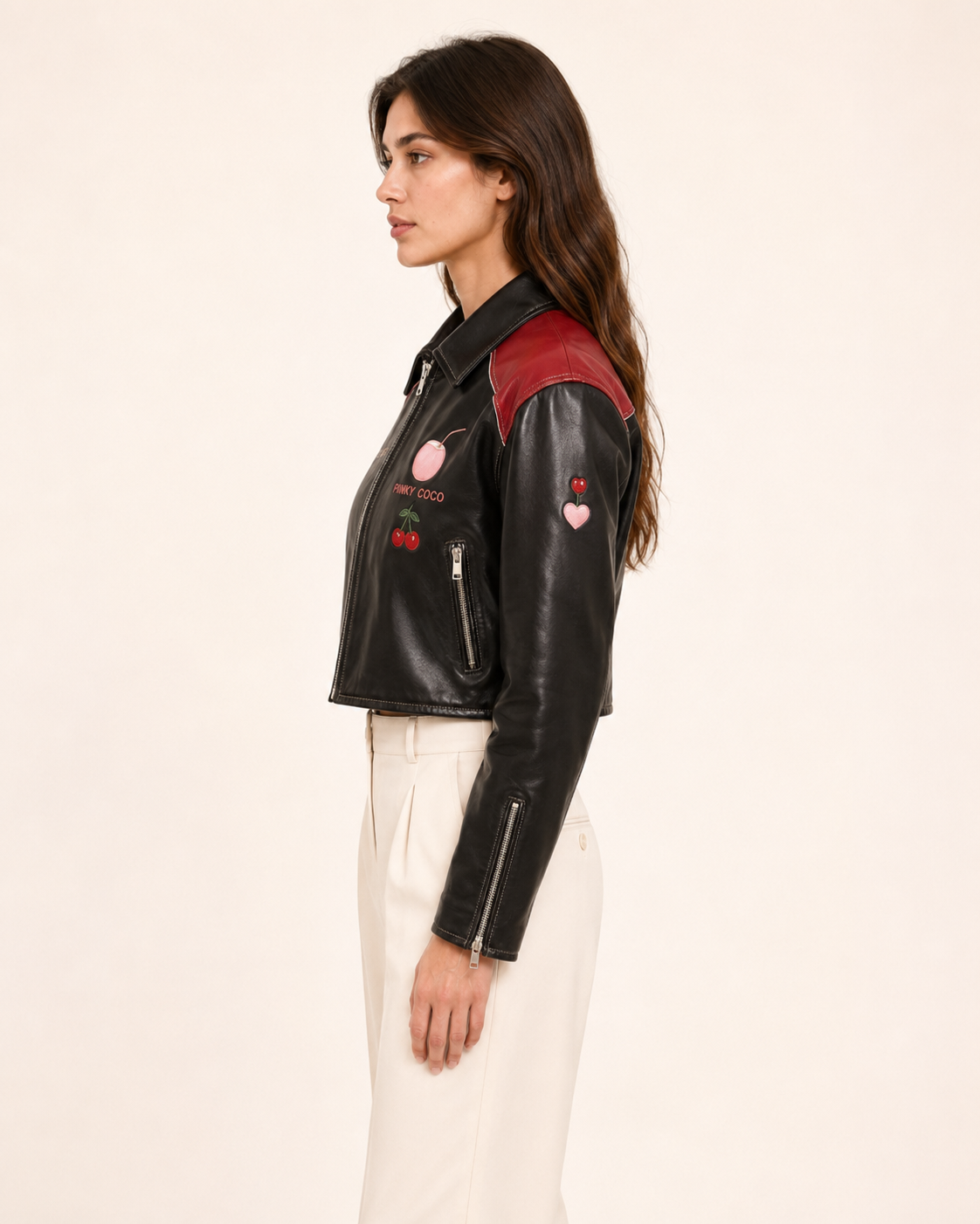PinkyCoco Cherry Kiss Cropped Women's Leather Fashion Jacket, back view