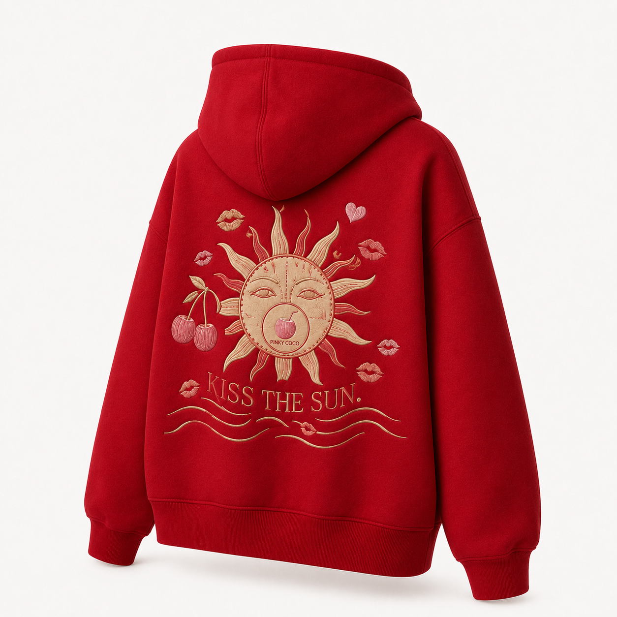 Back view of the PinkyCoco Cherry Kiss Sunset oversized fleece hoodie