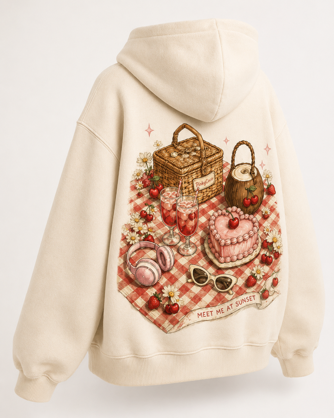 Back view of the PinkyCoco Cherry Picnic oversized fleece hoodie