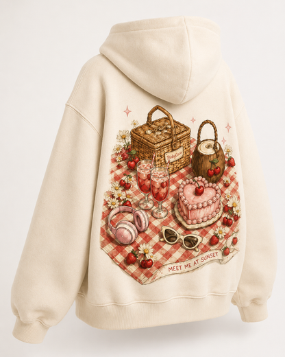Back view of the PinkyCoco Cherry Picnic oversized fleece hoodie