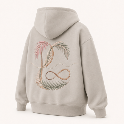 Back view of the PinkyCoco Coastal Monogram Infinity oversized fleece hoodie