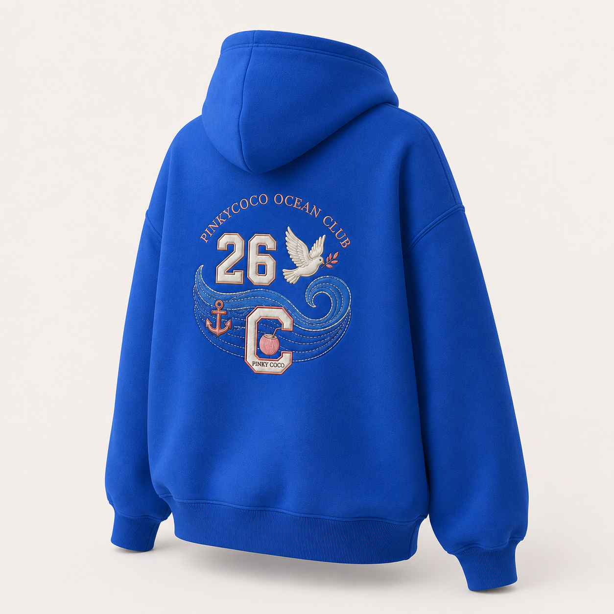 Back view of the PinkyCoco Cobalt Ocean oversized fleece hoodie