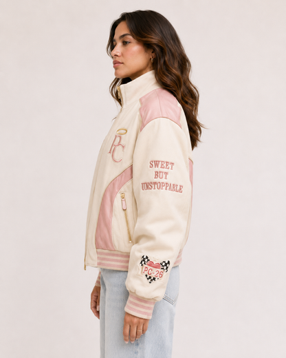 Back view of the PinkyCoco Coco Angel Speed women's satin racing jacket