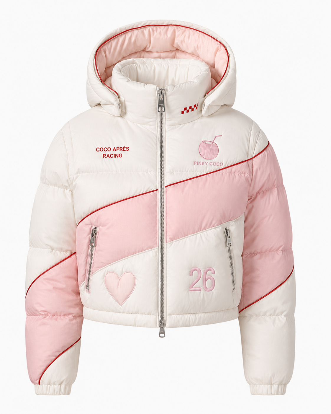 Back view of the PinkyCoco Coco Apres Ski women's racing jacket