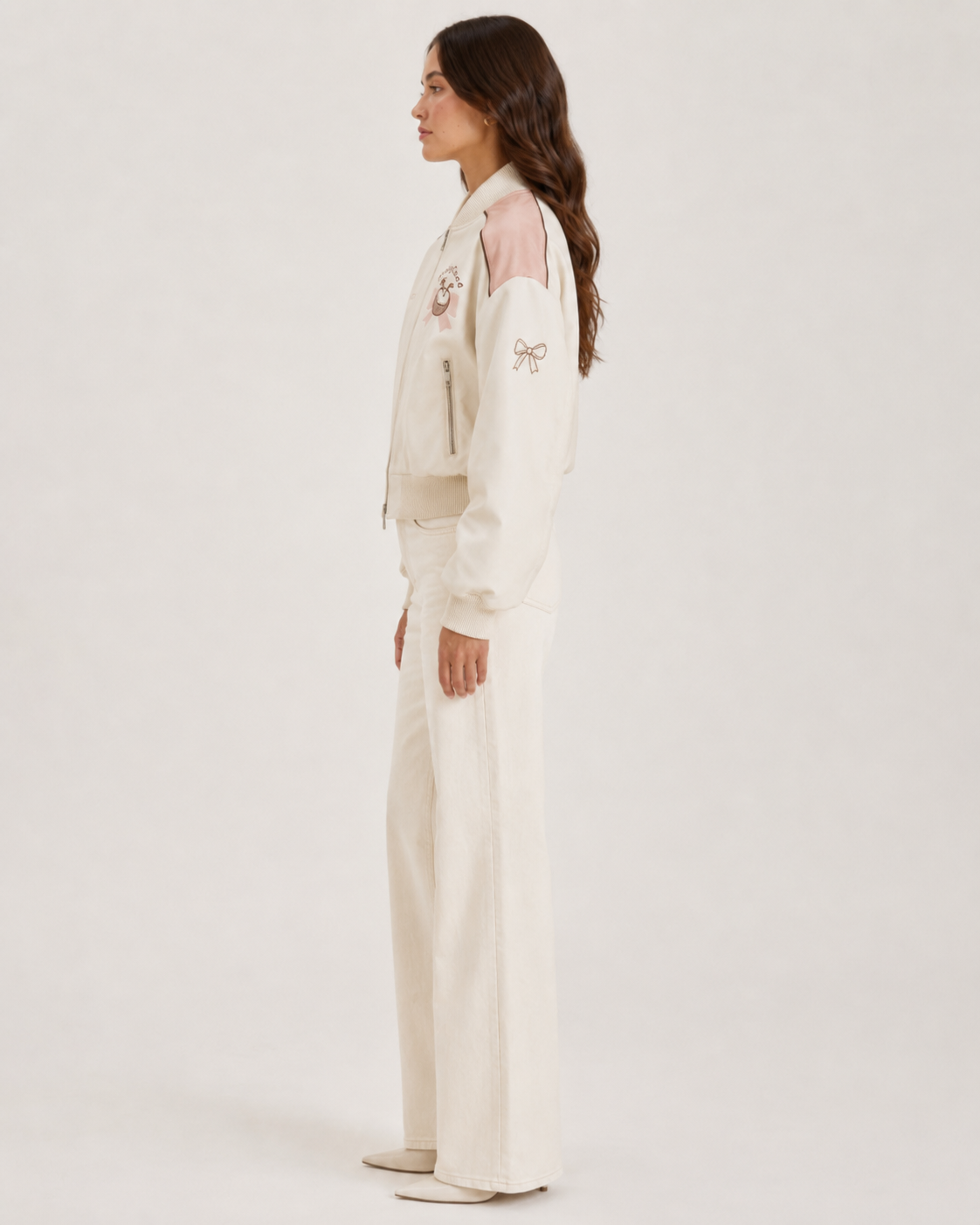 PinkyCoco Coco Bow Ivory Women's Satin Bomber Jacket, back view