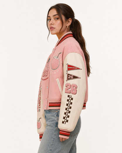 PinkyCoco Coco Campus Speedway women's Motorsport Varsity Jacket racing jacket, back view