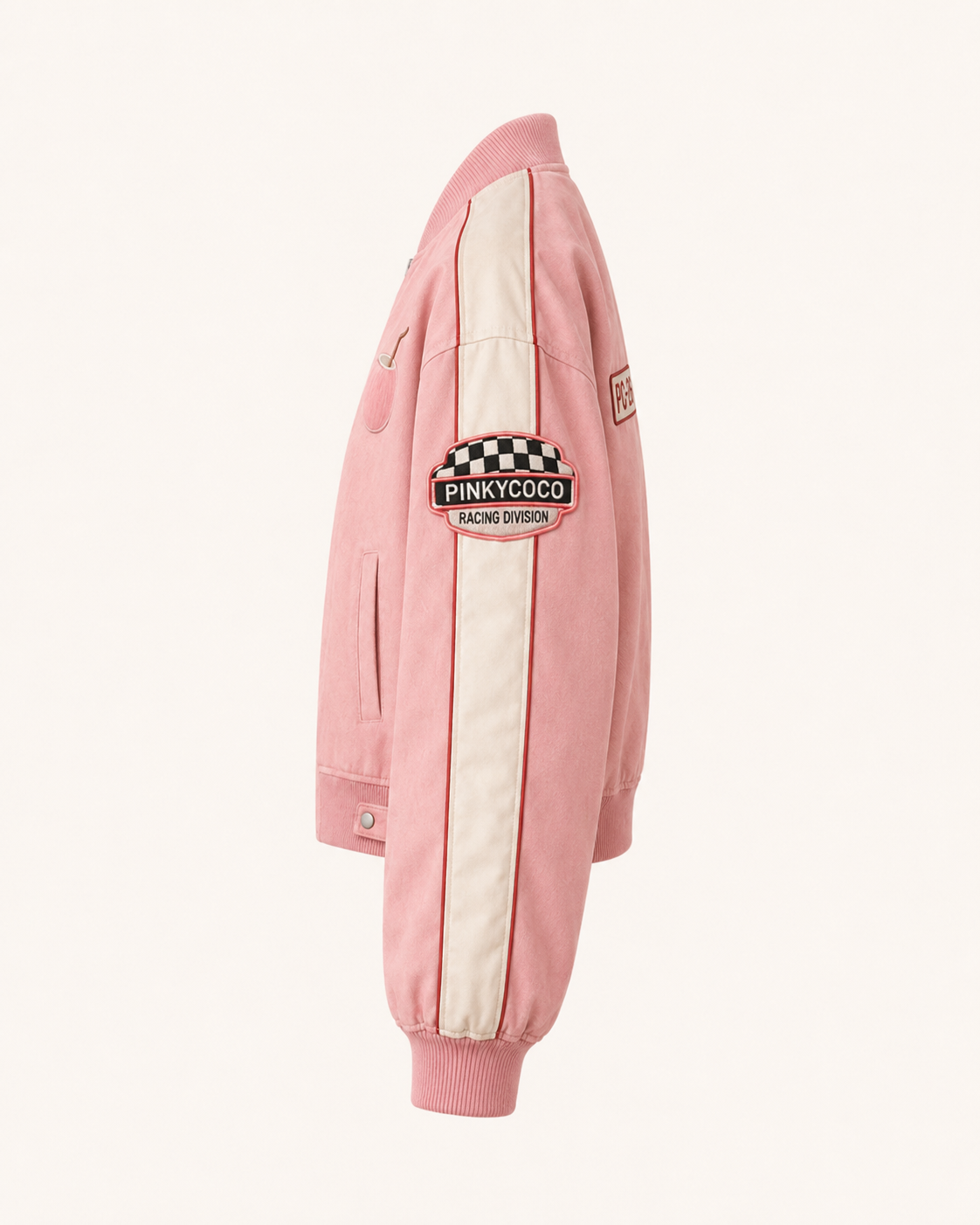 Back view of the PinkyCoco Coco Grand Prix women's satin racing jacket