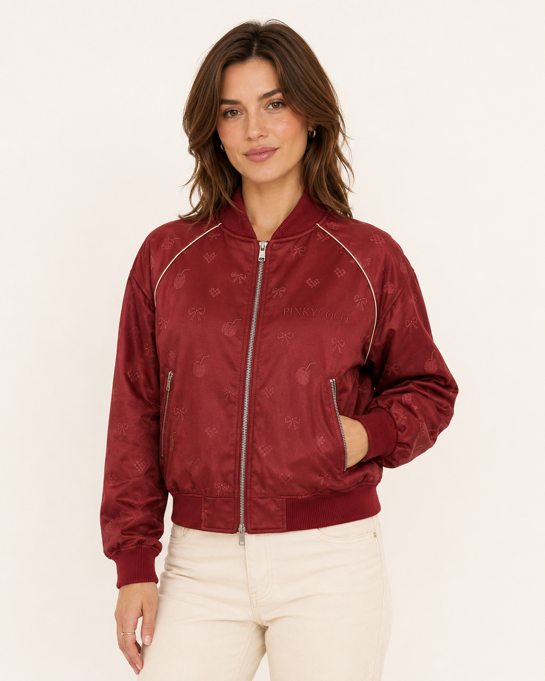 Back view of the PinkyCoco Coco Love Lap Reversible women's satin racing jacket
