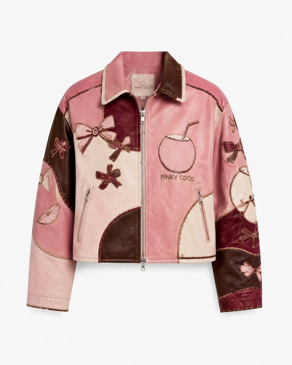 PinkyCoco Coco Patchwork Art Women's Leather Fashion Jacket, back view