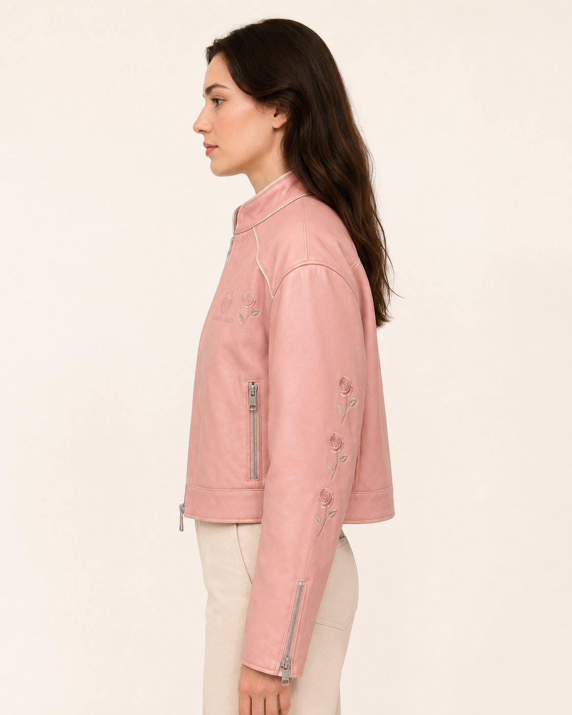 PinkyCoco Coco Rosette Women's Leather Fashion Jacket, back view