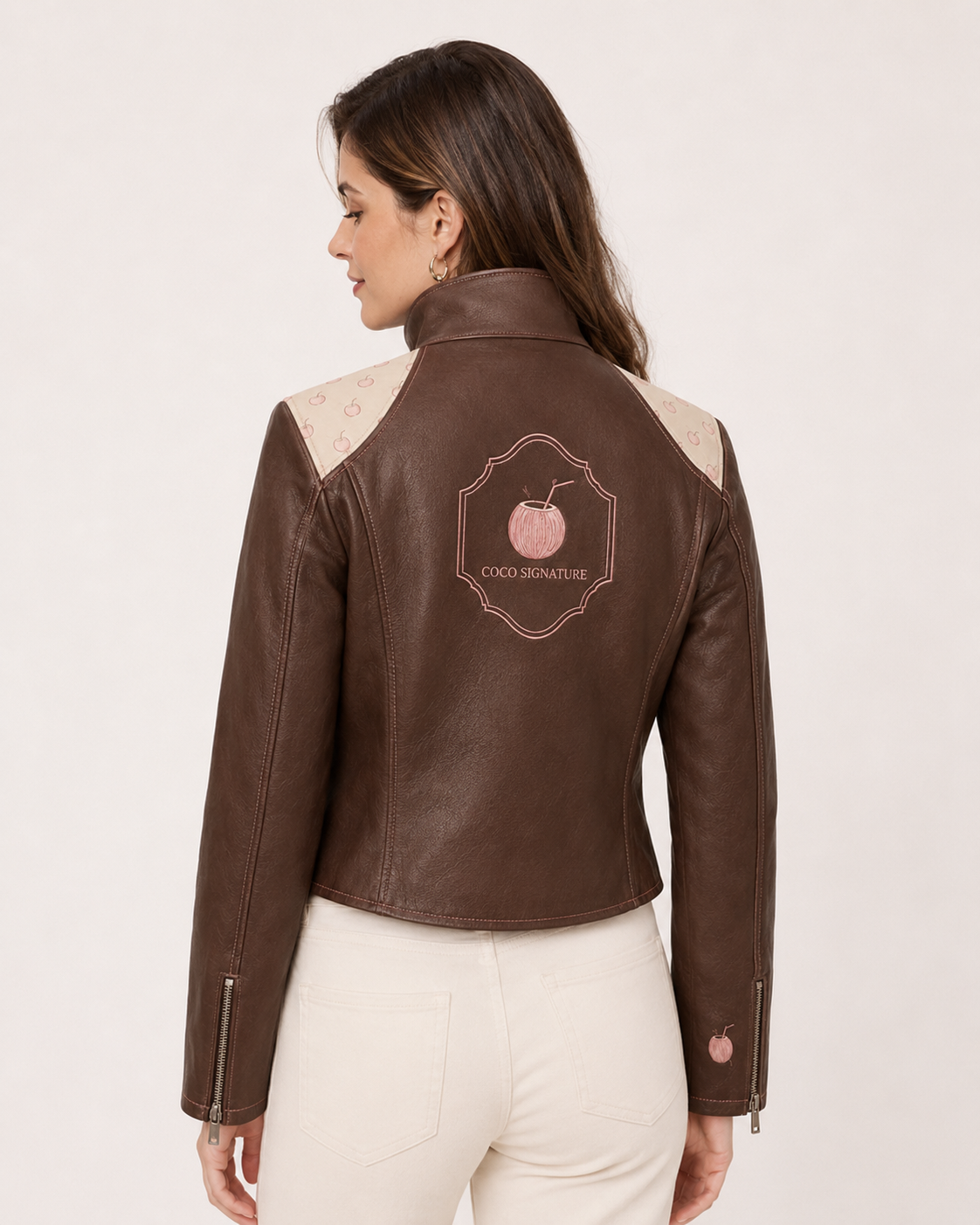 PinkyCoco Coco Signature Printed Women's Leather Fashion Jacket, back view