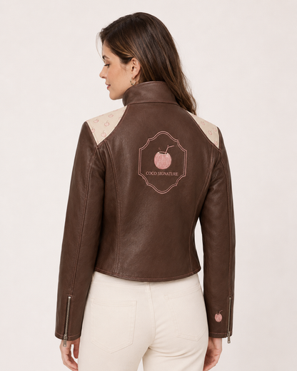 PinkyCoco Coco Signature Printed Women's Leather Fashion Jacket, back view