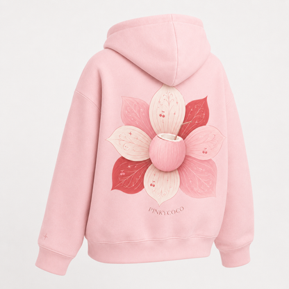 Back view of the PinkyCoco Coco Super Bloom oversized fleece hoodie