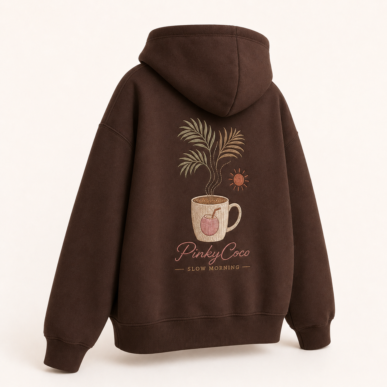 Back view of the PinkyCoco Cocoa Coffee Palm oversized fleece hoodie