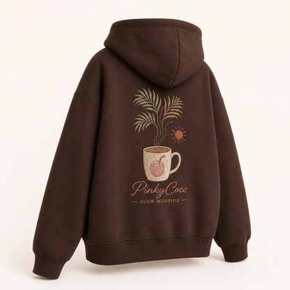 Back view of the PinkyCoco Cocoa Coffee Palm oversized fleece hoodie