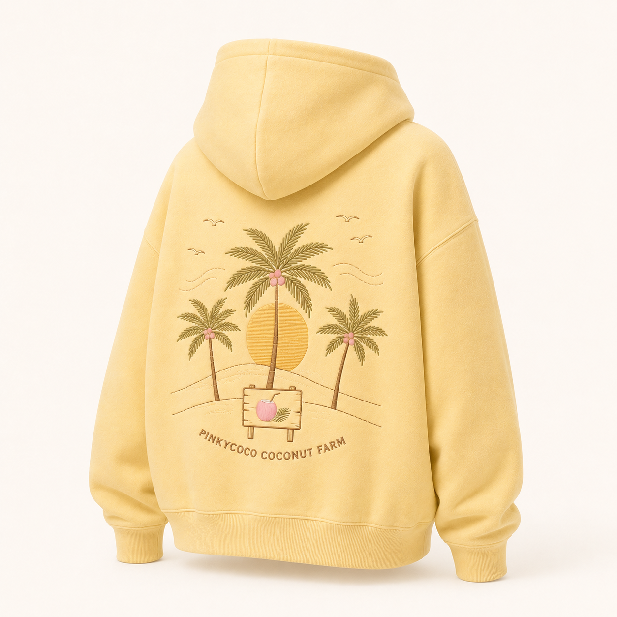 Back view of the PinkyCoco Coconut Farm Morning oversized fleece hoodie