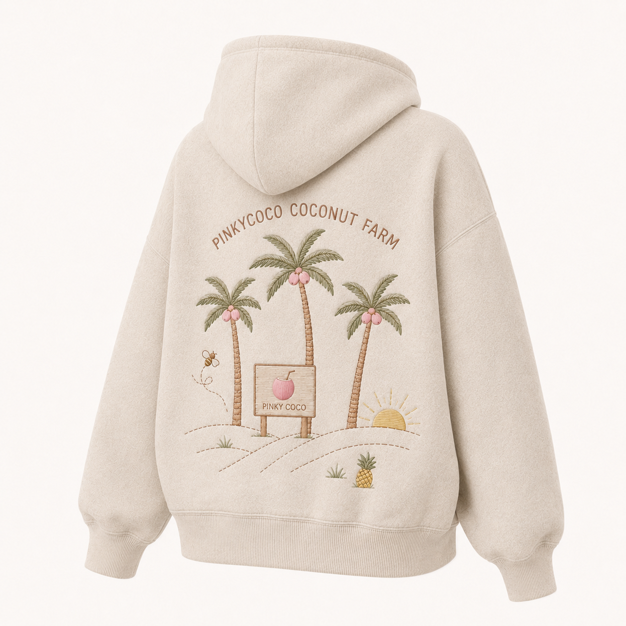 Back view of the PinkyCoco Coconut Harvest Morning oversized fleece hoodie