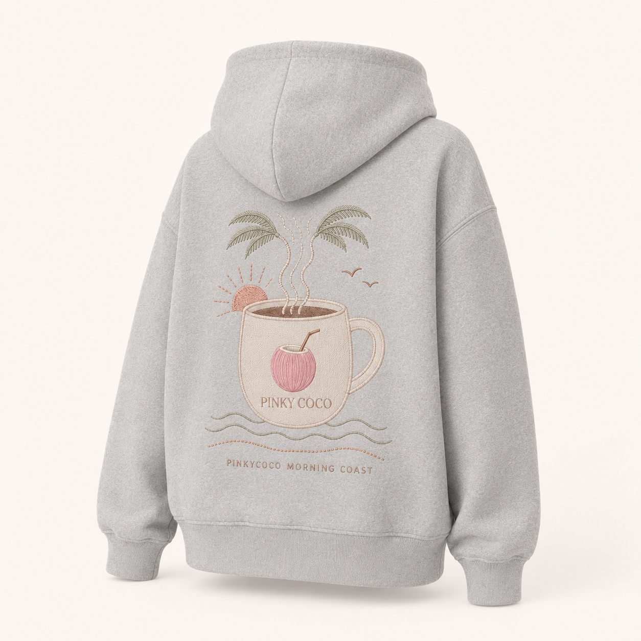 Back view of the PinkyCoco Coffee By The Coast oversized fleece hoodie