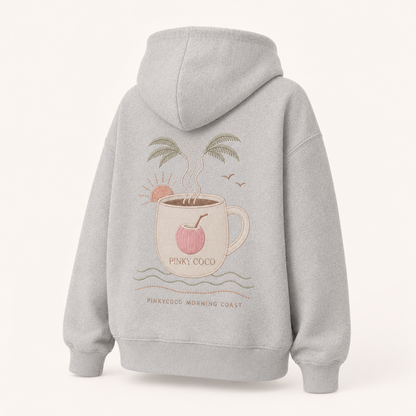 Back view of the PinkyCoco Coffee By The Coast oversized fleece hoodie