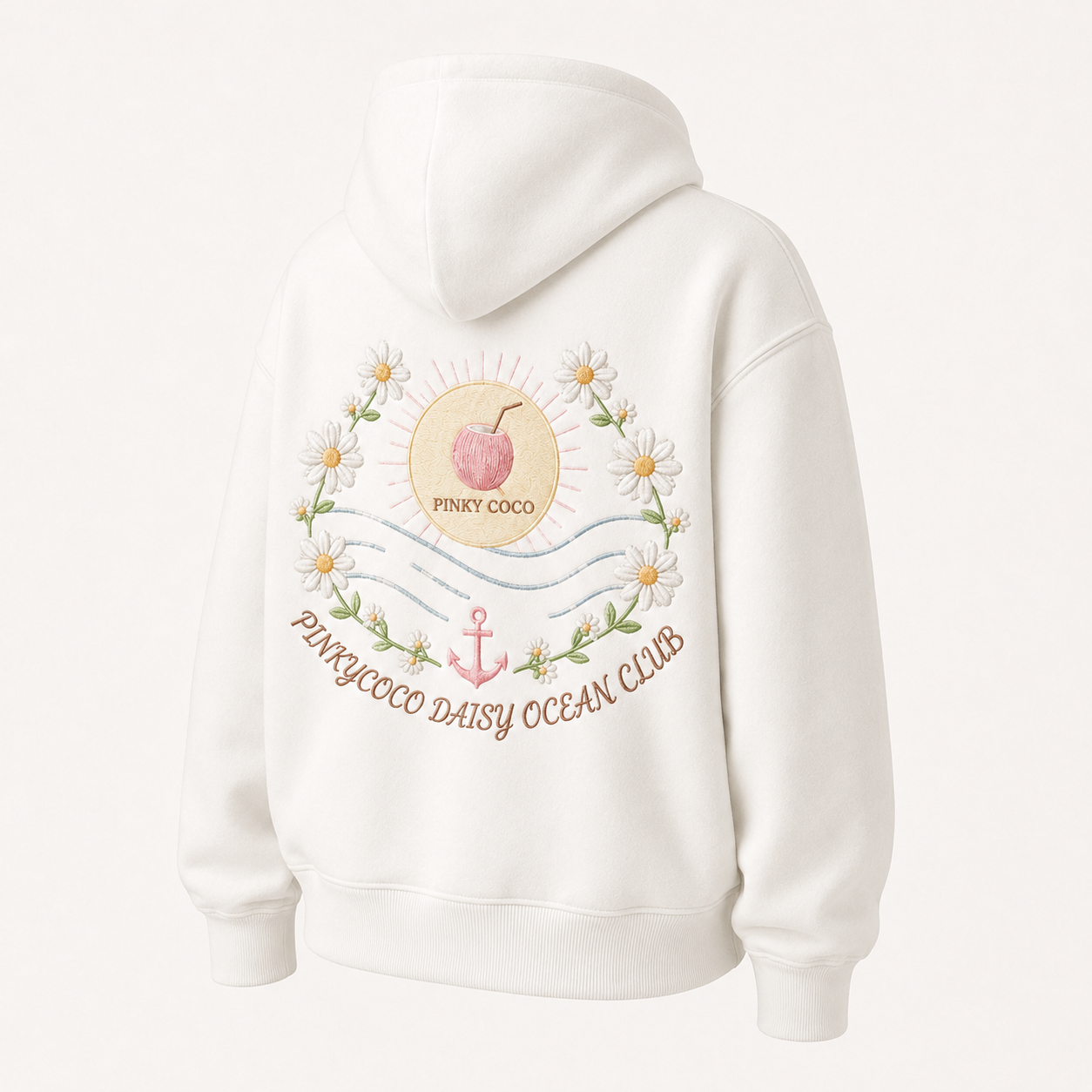 Back view of the PinkyCoco Daisy Ocean Club oversized fleece hoodie